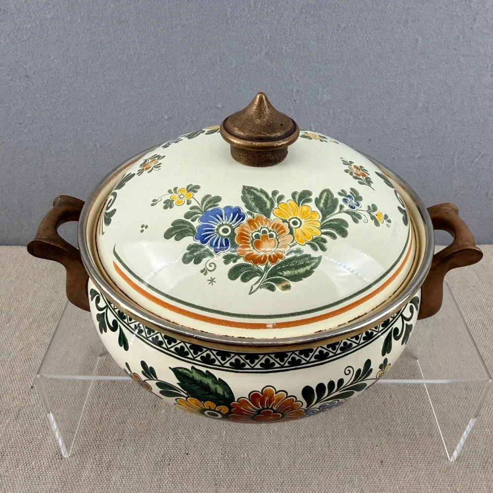 Vintage ASTA Enamelware Floral Casserole Pot with Lid West Germany Brass Handles